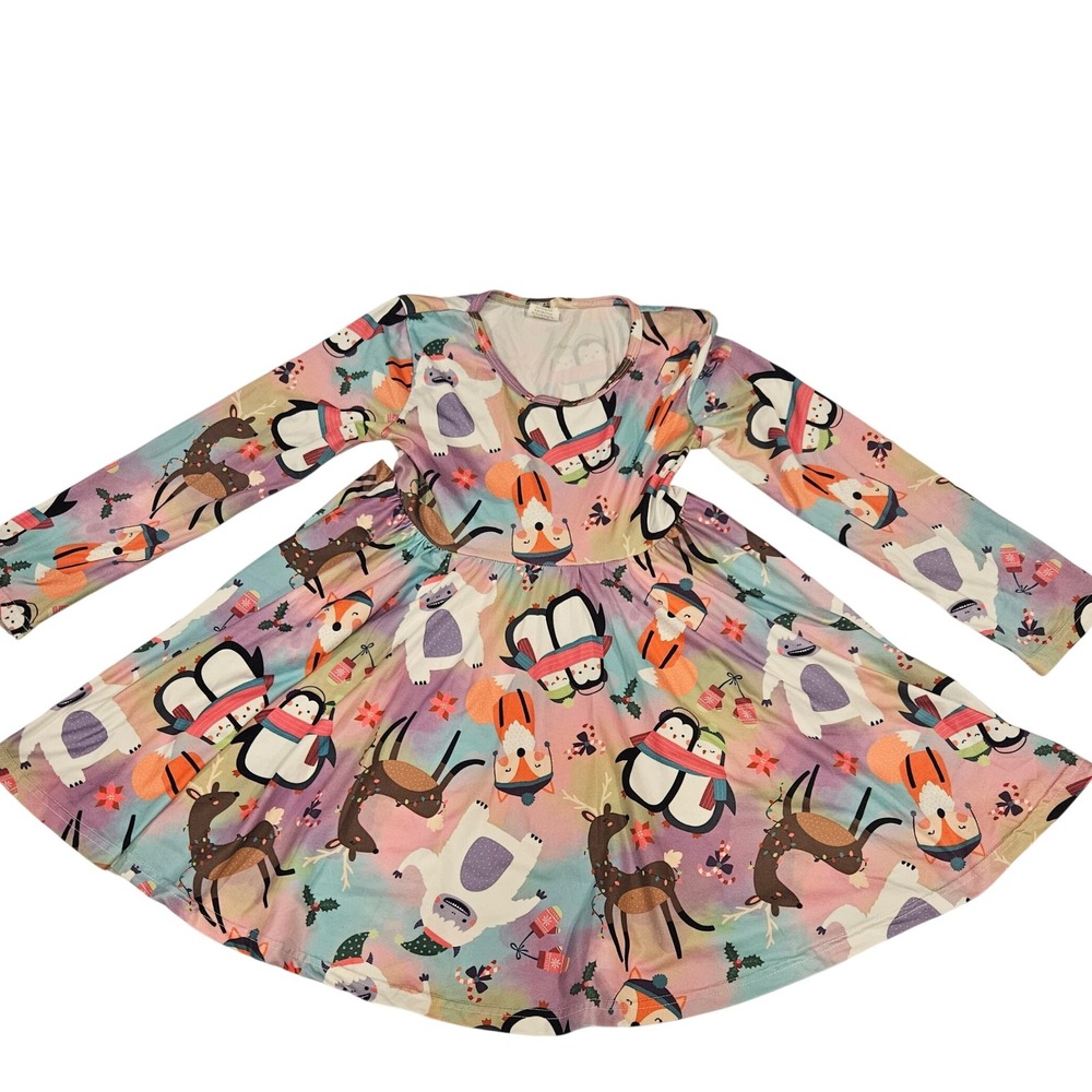 Kids Girls Long Sleeve Dress Winter Animals penguin Print Size 3XL Age 7/8 Years
